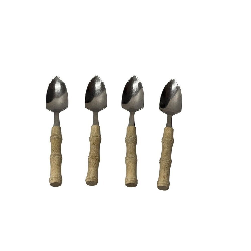 Vintage Bamboo Handle Grapefruit Spoons Set of 4 Stainless Serrated Japan